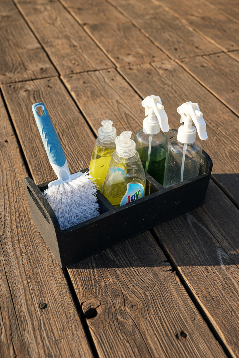 Cleaning caddy on rustic wood
