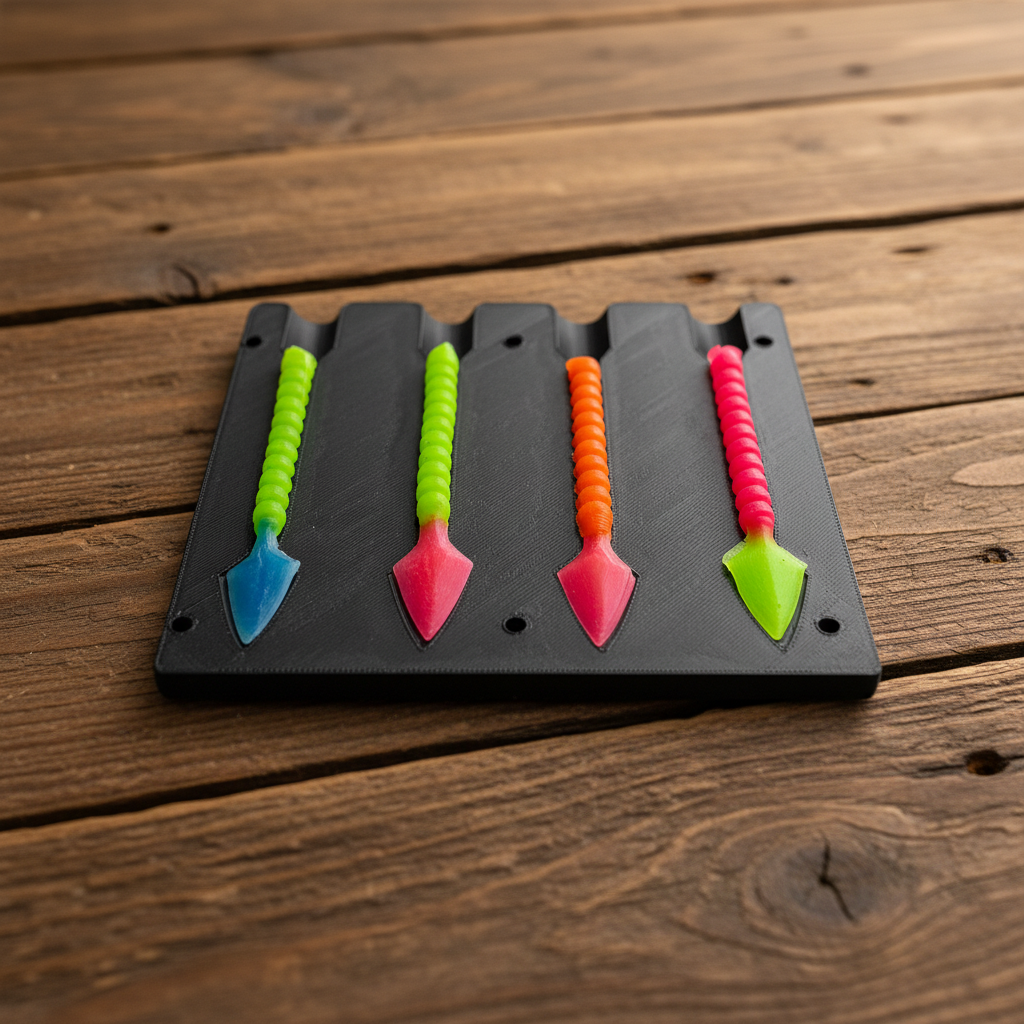 4-position steelhead worm mold tray with colorful soft plastic worms on rustic wood