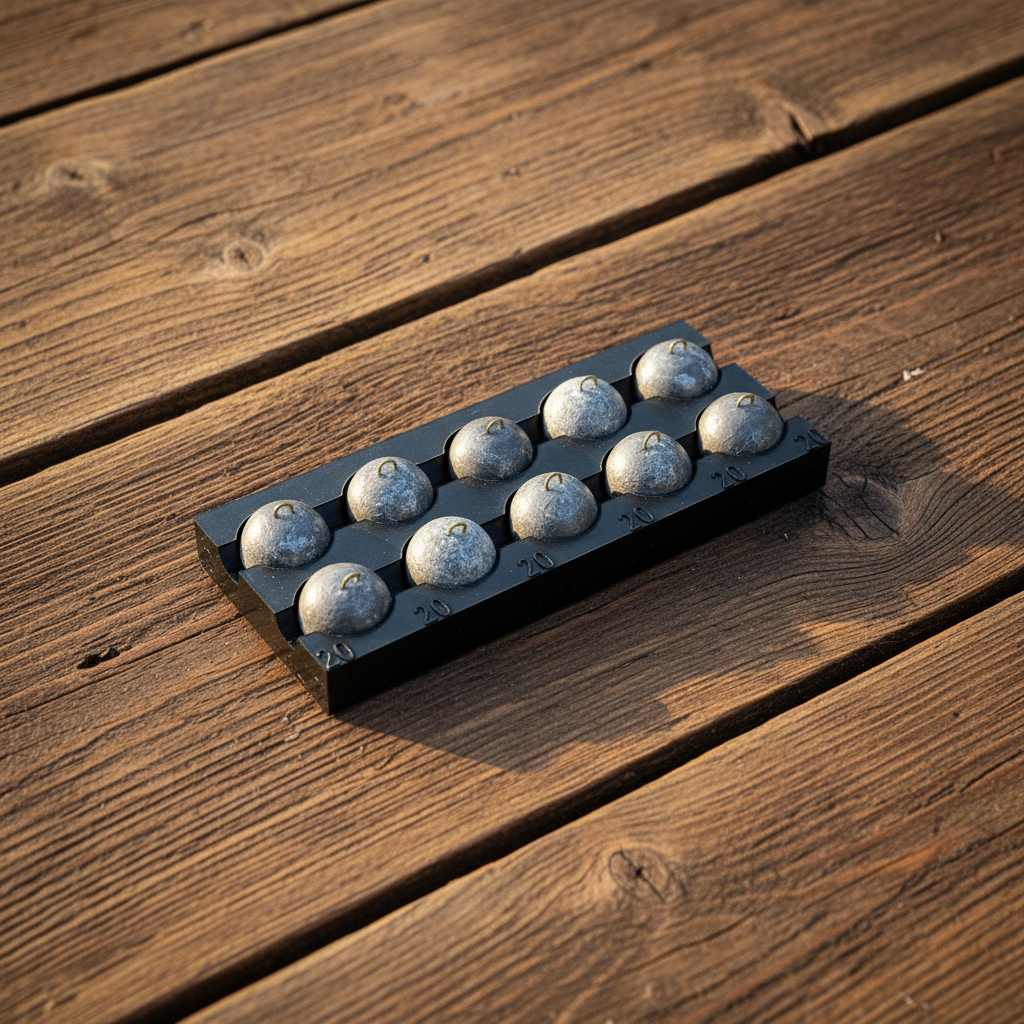 Lead Bed 20 oz ball sinker tray on rustic wood