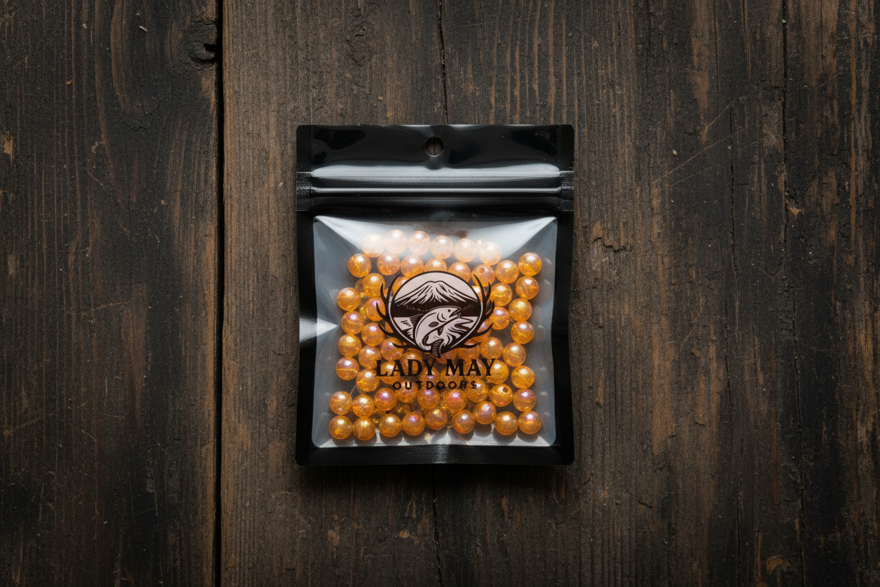 Lady May Outdoors Orange 8mm Beads - Dark Rustic Wood