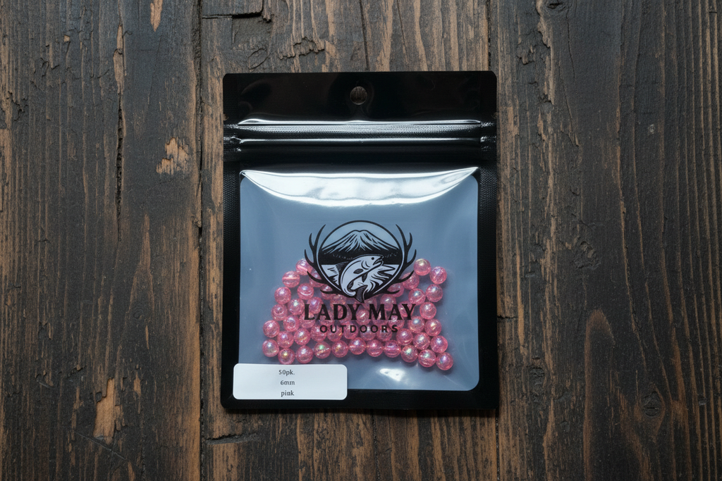 Lady May Outdoors Pink 6mm Beads - Dark Rustic Wood